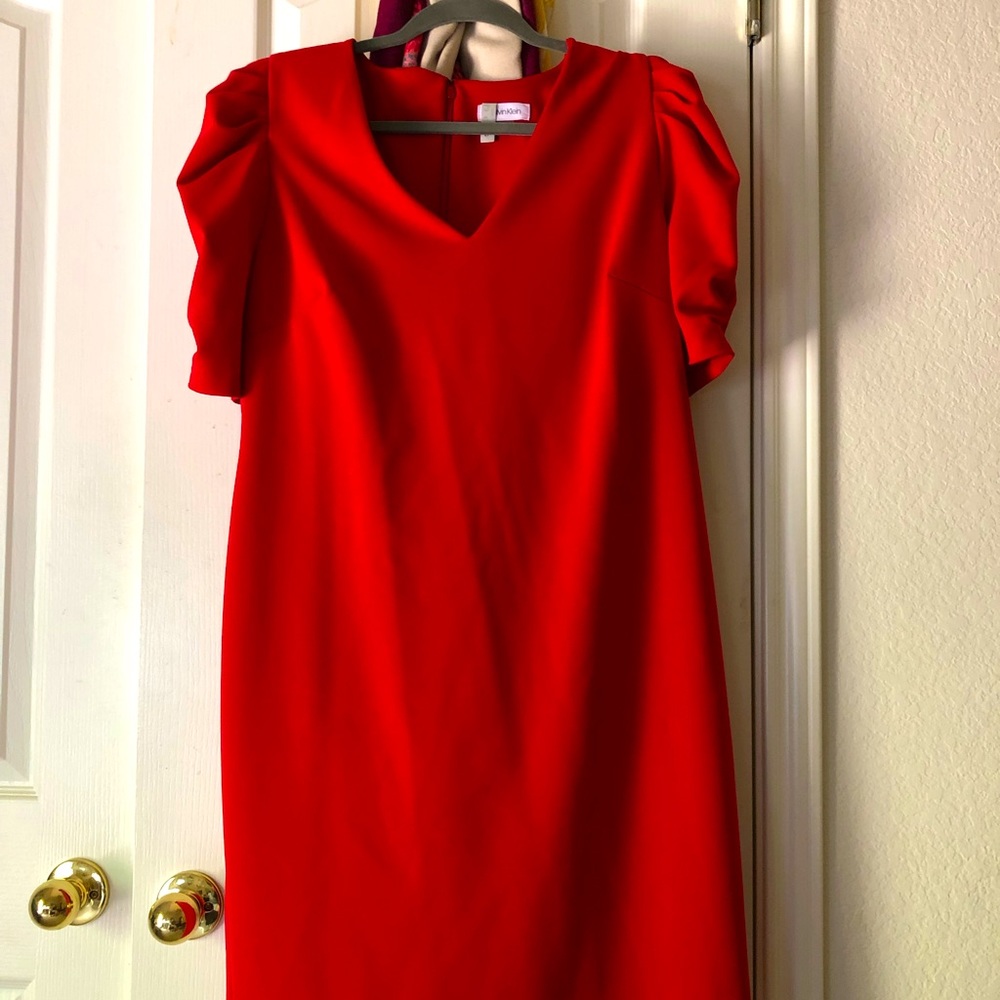 Red puffy sleeve office dress.